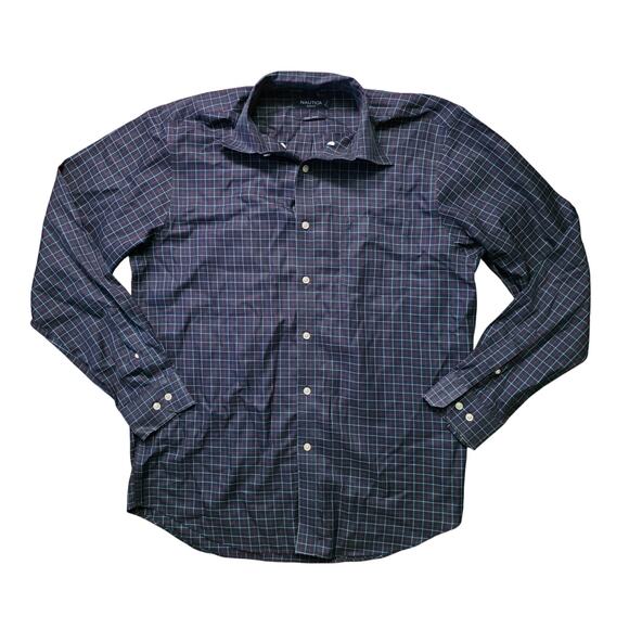 Nautica Slim Fit Non-Iron Button Down Shirt Men’s Large Blue Plaid Long Sleeve - Picture 1 of 7